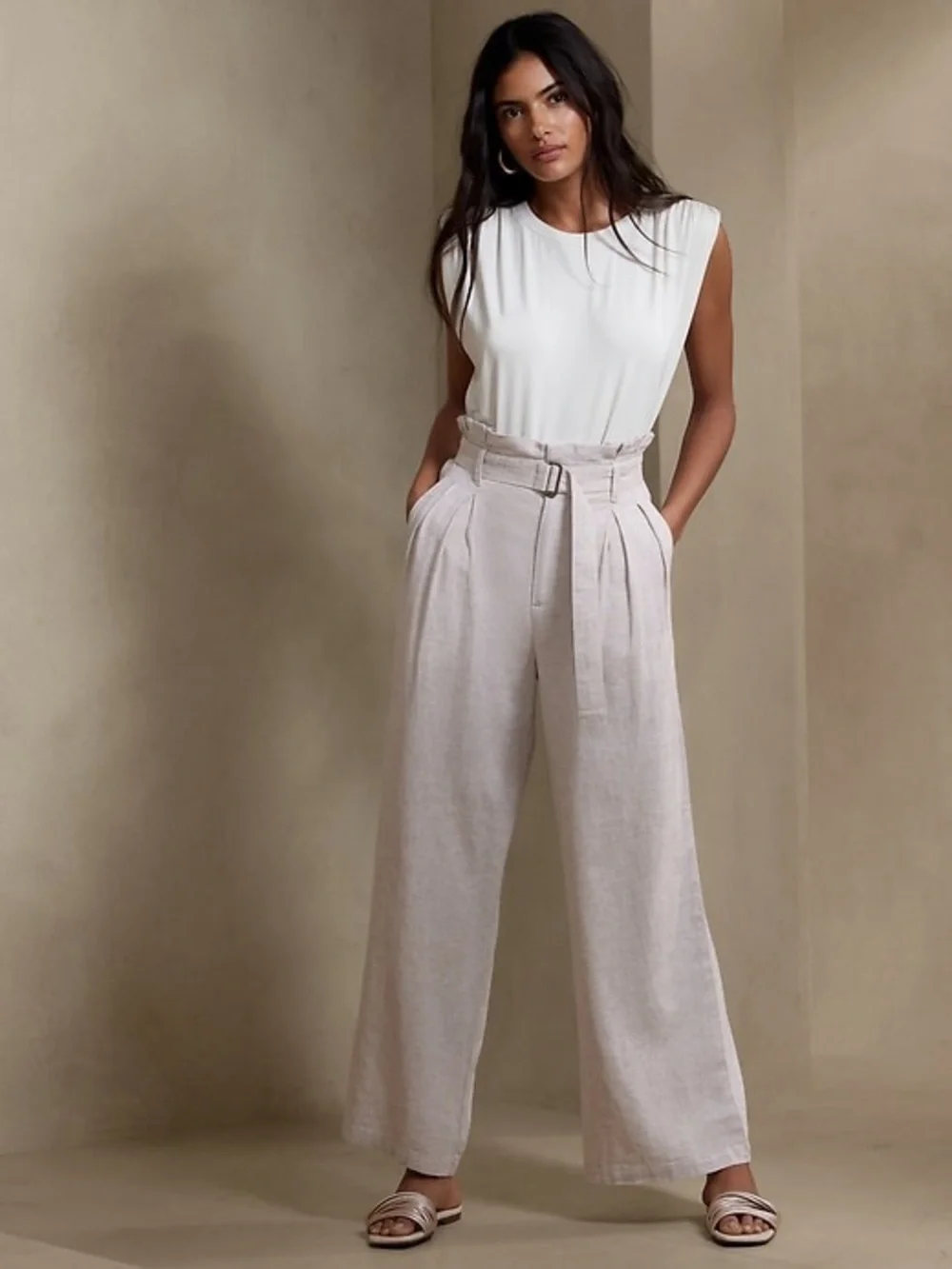 BANANA REPUBLIC Linen Blend Paperbag Wide Leg Pant High Rise Belt Size 10 - Picture 3 of 7